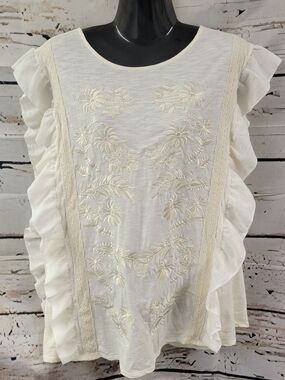 Studio Y Boho Embroidered Ruffle Sleeve Top 2X Ivory Cotton Blouse